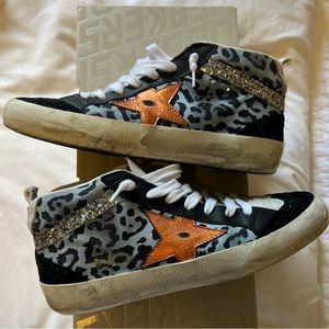Golden Goose Size 35 Mid Star Light Blue Leopard Print with Copper Star